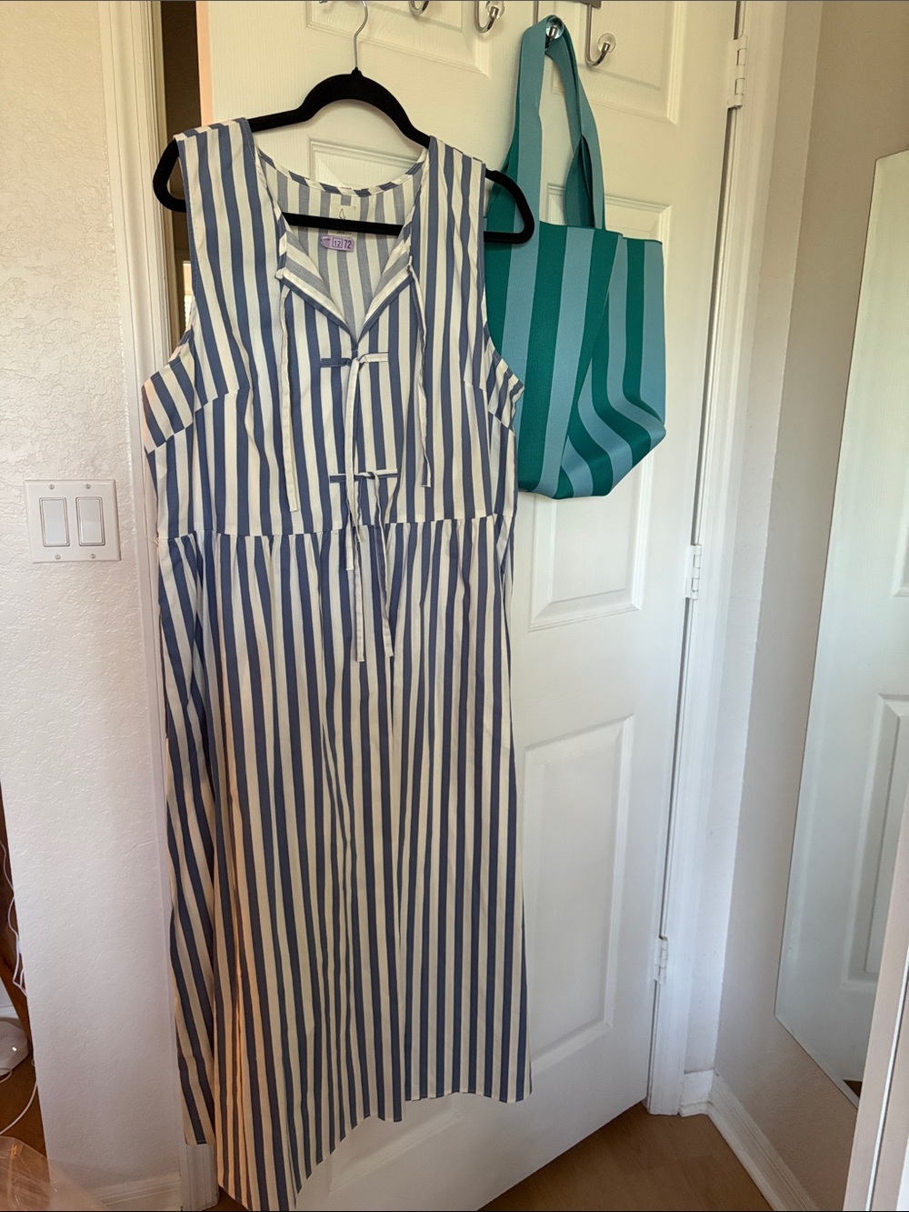Sleeveless Blue & White Striped Midi Dress with Tie Front